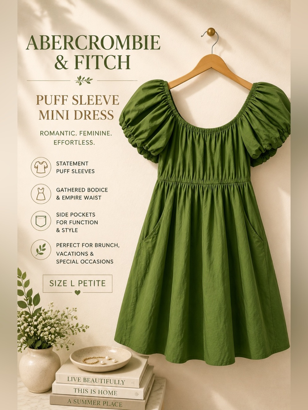 Abercrombie & Fitch Green Puff Sleeve Mini Dress Size L Petite